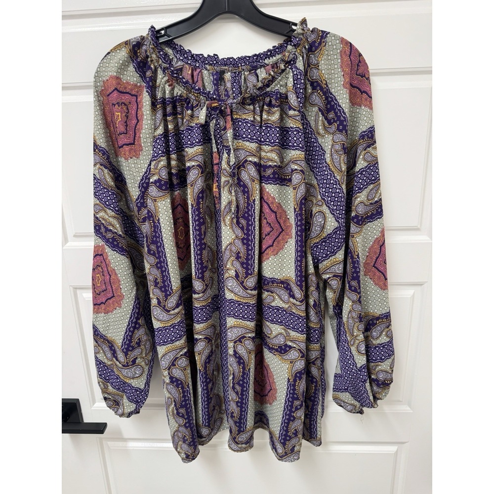 Sears Tassel Tie Neck Blouse Top Pullover Colorful Paisley Pink Purple 3X 4X